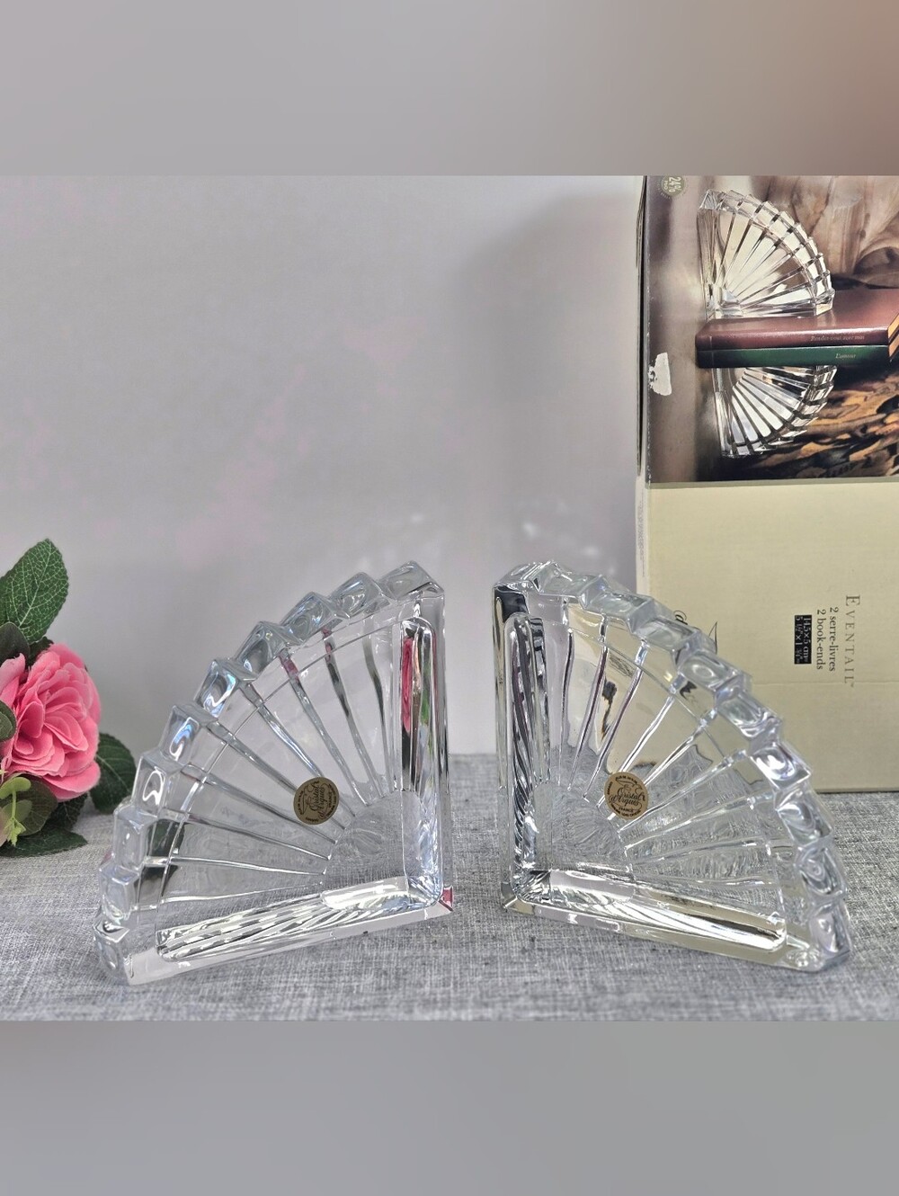 Vintage Cristal d'Arques France "Éventail" Lead Crystal Fan Bookends Pair As-is